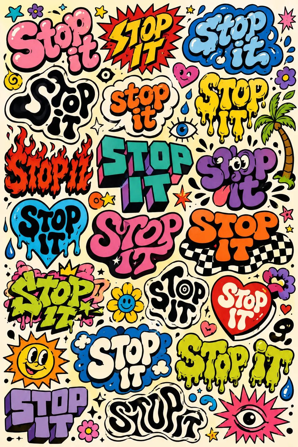 Example output from the Experimental Typography Archive Posters ChatGPT prompt: the phrase STOP IT reinvented in dozens of colorful retro sticker lettering styles on a cohesive graphic poster.