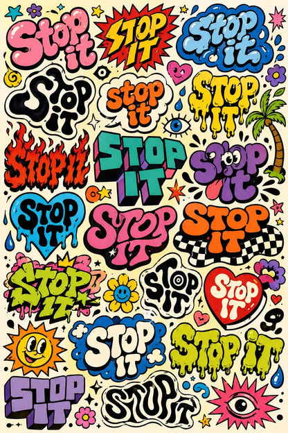 Example output from the Experimental Typography Archive Posters ChatGPT prompt: the phrase STOP IT reinvented in dozens of colorful retro sticker lettering styles on a cohesive graphic poster.