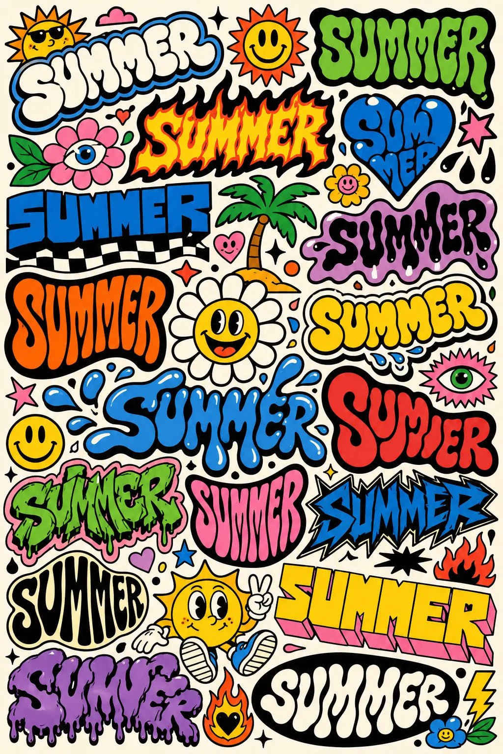 Example output from the Experimental Typography Archive Posters ChatGPT prompt: the word SUMMER reinvented in dozens of colorful retro sticker lettering styles on a cohesive graphic poster.