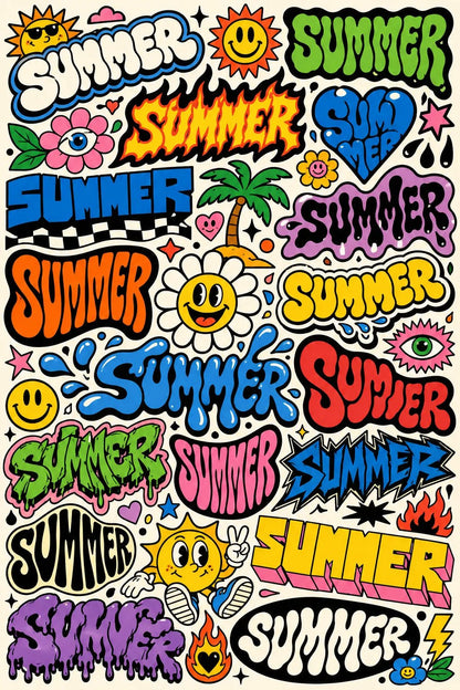 Example output from the Experimental Typography Archive Posters ChatGPT prompt: the word SUMMER reinvented in dozens of colorful retro sticker lettering styles on a cohesive graphic poster.