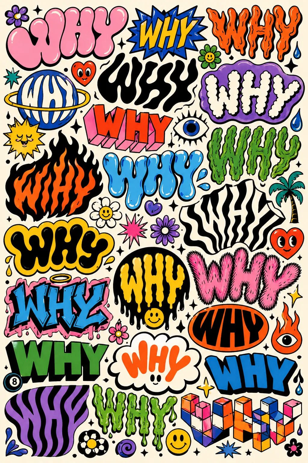 Example output from the Experimental Typography Archive Posters ChatGPT prompt: the word WHY reinvented in dozens of colorful retro sticker lettering styles on a cohesive graphic poster.