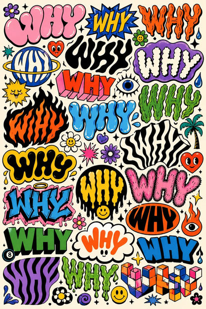Example output from the Experimental Typography Archive Posters ChatGPT prompt: the word WHY reinvented in dozens of colorful retro sticker lettering styles on a cohesive graphic poster.