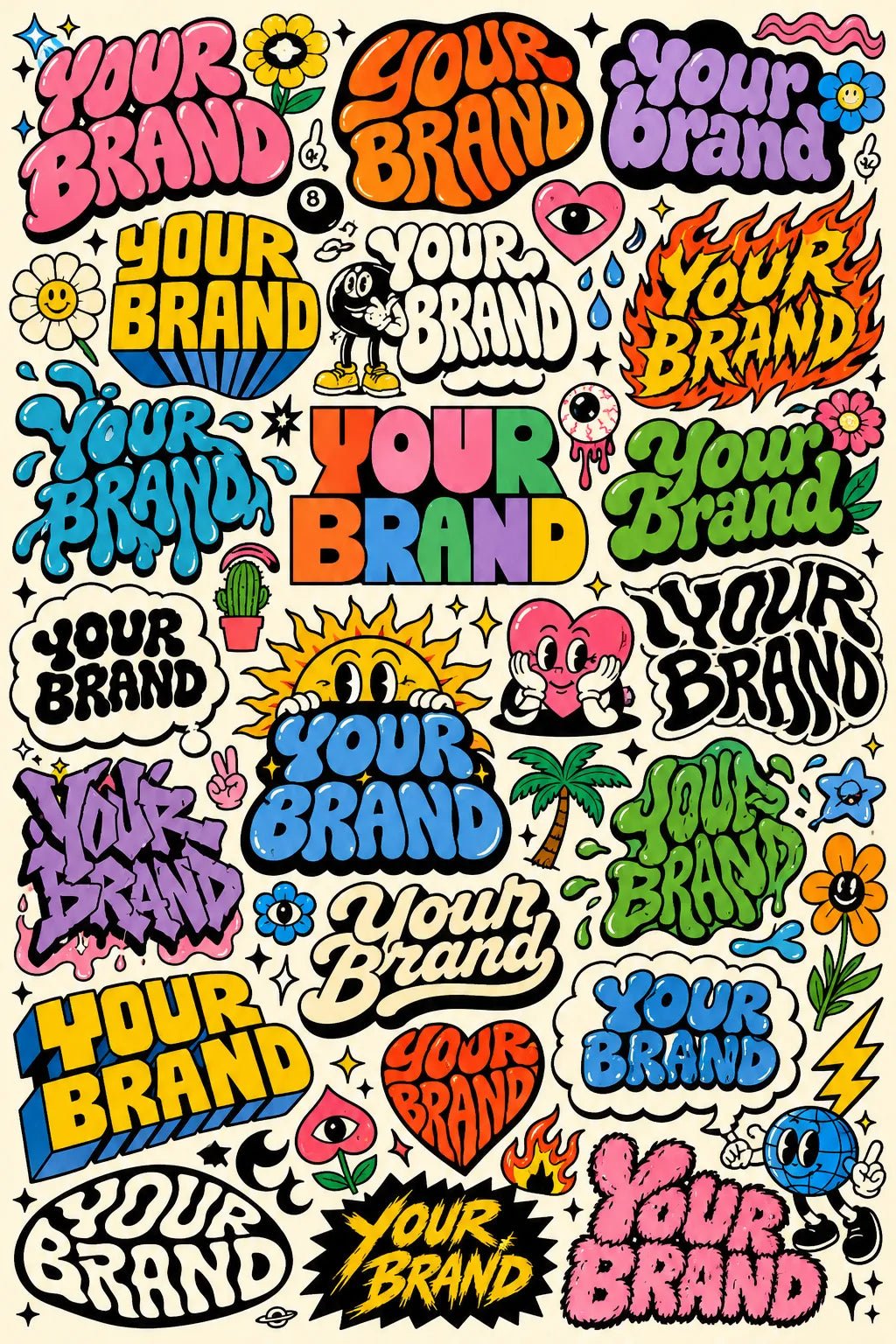 Example output from the Experimental Typography Archive Posters ChatGPT prompt: the words YOUR BRAND reinvented in dozens of colorful retro sticker lettering styles on a cohesive graphic poster.
