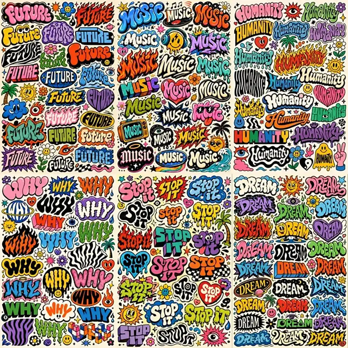 Example output from the Experimental Typography Archive Posters ChatGPT prompt: six poster panels each reinventing one word — Future, Music, Humanity, Why, Stop It, Dream — in dozens of colorful retro sticker lettering styles with smiley faces, flames, hearts, and flowers.