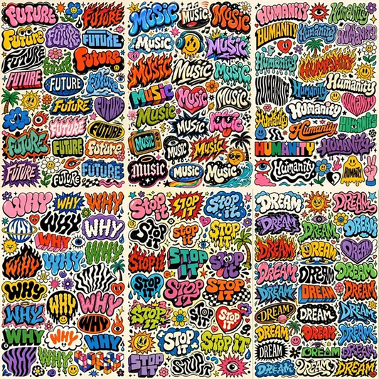 Example output from the Experimental Typography Archive Posters ChatGPT prompt: six poster panels each reinventing one word — Future, Music, Humanity, Why, Stop It, Dream — in dozens of colorful retro sticker lettering styles with smiley faces, flames, hearts, and flowers.