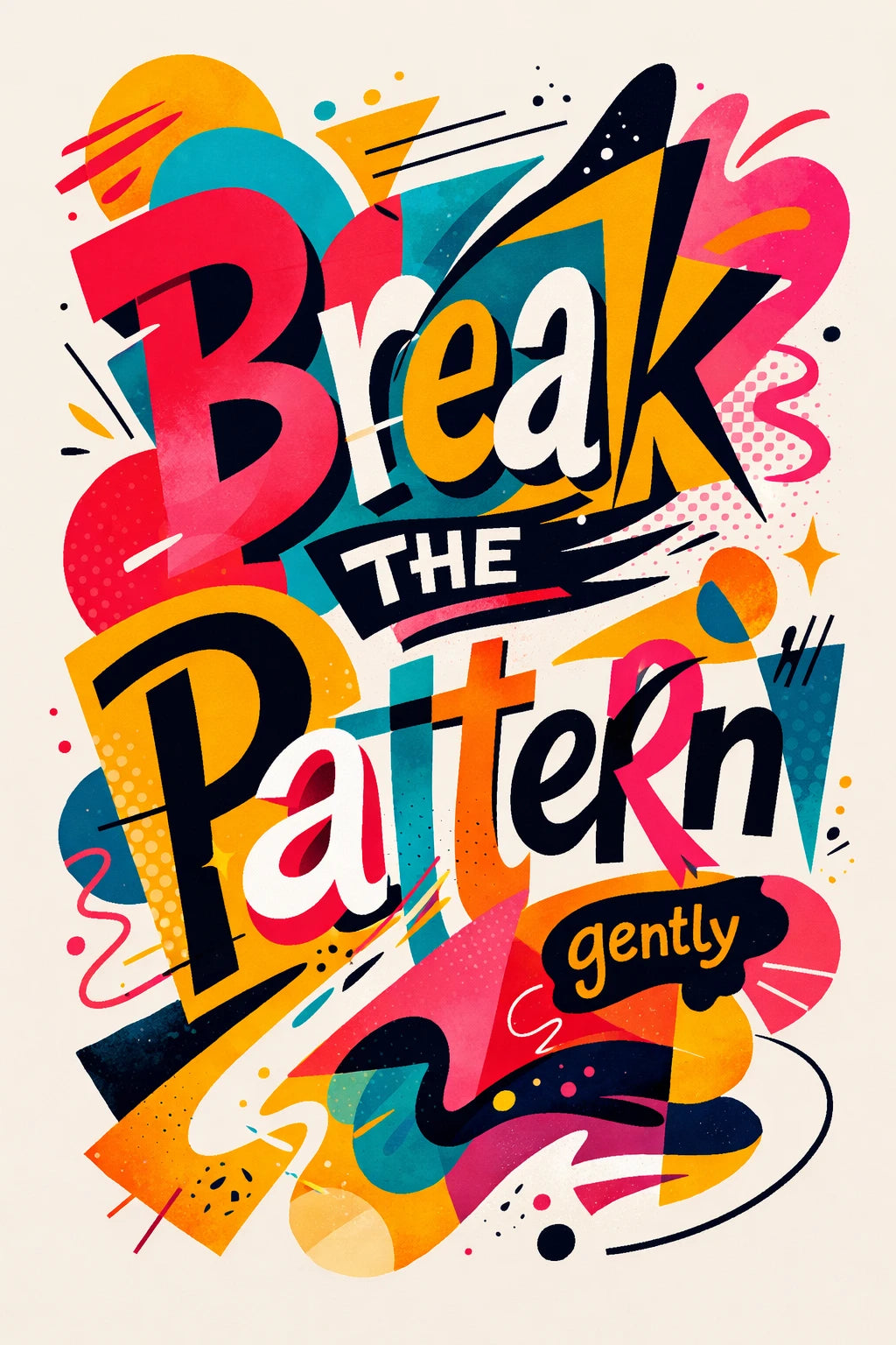 Example output from the Experimental Typography Posters ChatGPT prompt: an experimental poster reading Break the pattern gently in distorted layered letterforms on off-white, with pink, red, black and yellow abstract shapes.