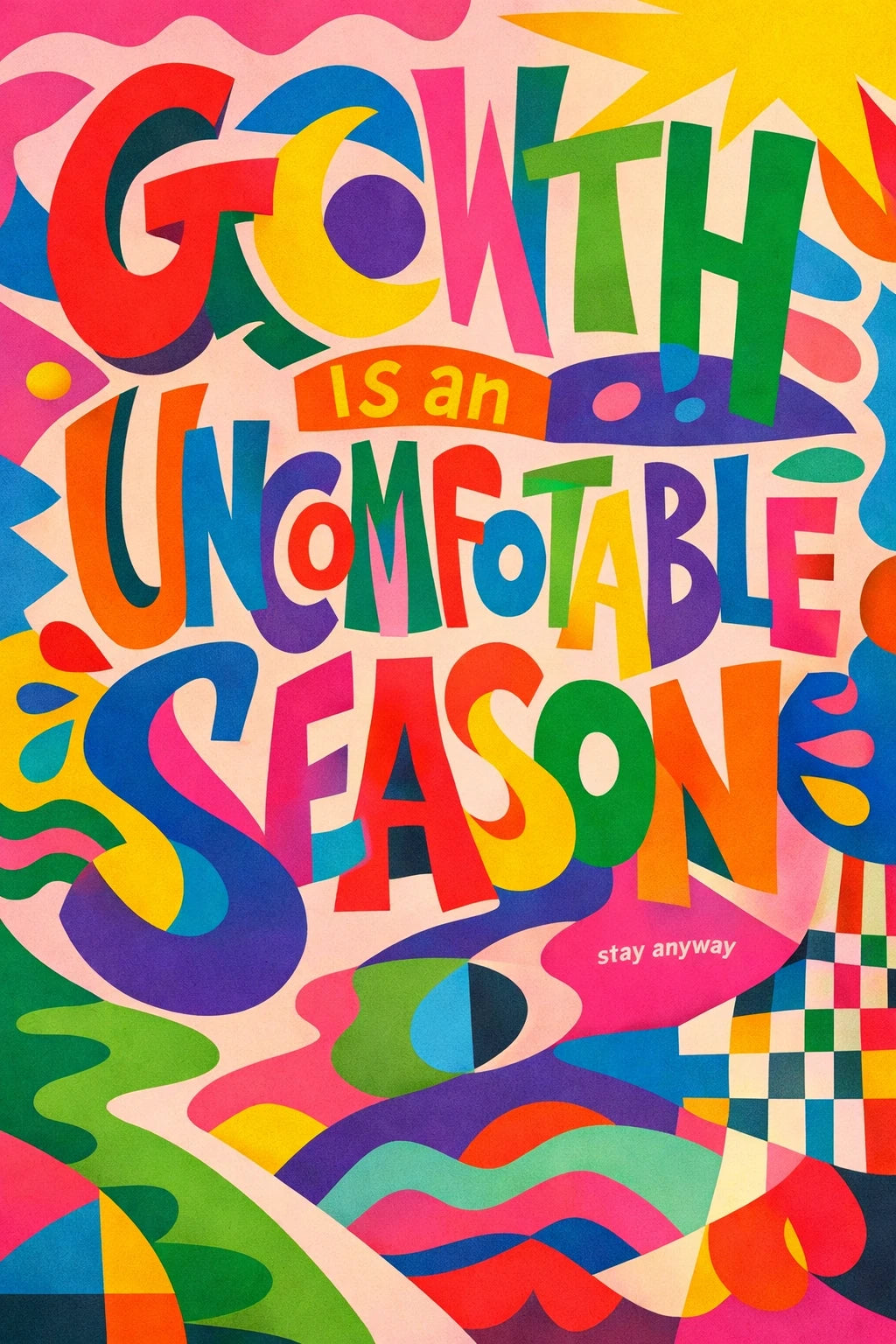 Example output from the Experimental Typography Posters ChatGPT prompt: an experimental poster reading Growth is an uncomfortable season in bold stacked letterforms with rainbow color blocks and a checkered wave pattern.