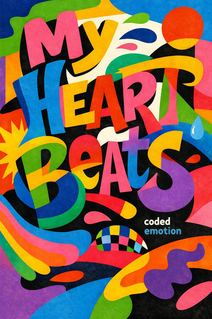 Example output from the Experimental Typography Posters ChatGPT prompt: an experimental poster reading My heart beats in chunky multicolored letters over black, with coded emotion in small type and surreal abstract shapes.