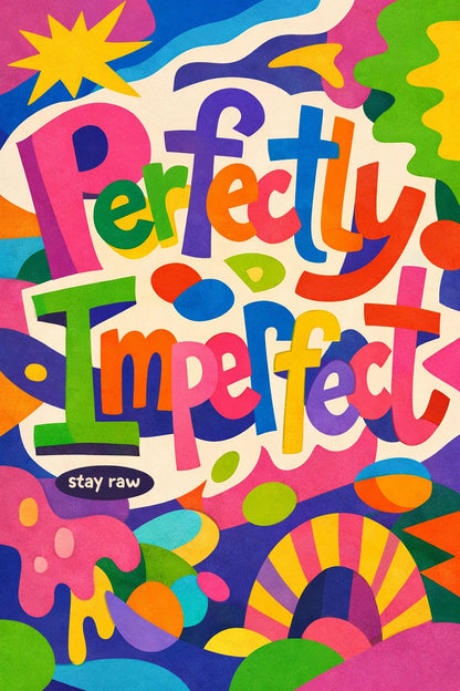 Example output from the Experimental Typography Posters ChatGPT prompt: an experimental poster reading Perfectly imperfect in soft pink, orange and green letterforms, with a stay raw label and a rainbow arc at the bottom.