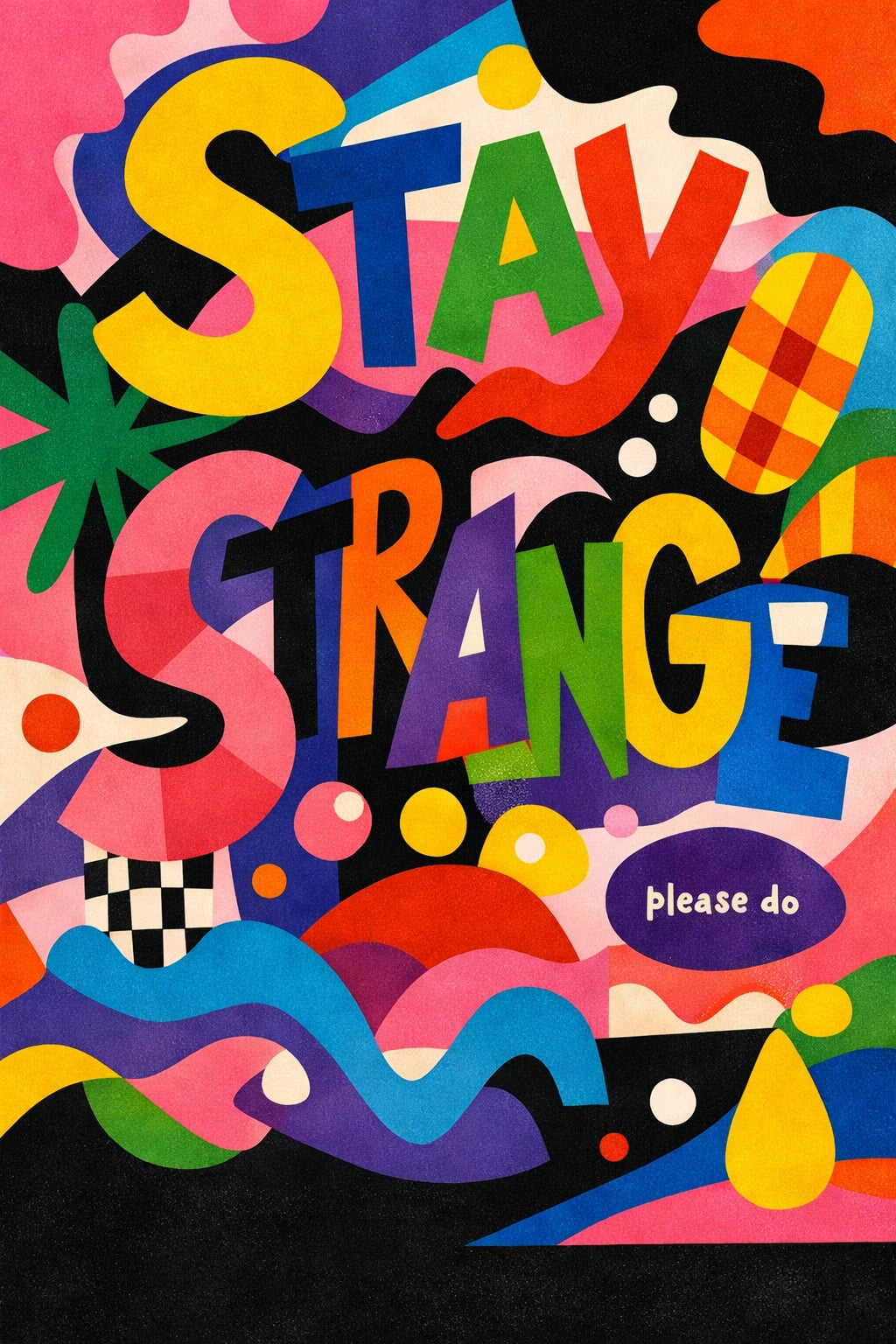 Example output from the Experimental Typography Posters ChatGPT prompt: an experimental poster built around the phrase Stay strange in sculptural distorted letterforms surrounded by colorful surreal abstract shapes.