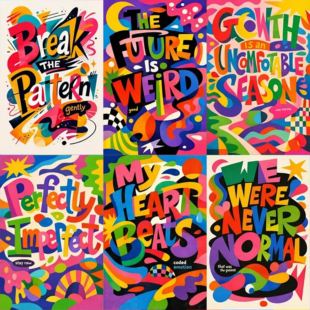 Example output from the Experimental Typography Posters ChatGPT prompt: a six-poster grid of wildly asymmetrical typographic layouts with sculptural distorted letterforms, surreal abstract shapes and clashing pink, red, yellow, green, blue and black color blocks.