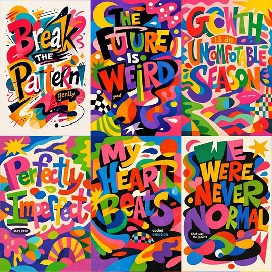 Example output from the Experimental Typography Posters ChatGPT prompt: a six-poster grid of wildly asymmetrical typographic layouts with sculptural distorted letterforms, surreal abstract shapes and clashing pink, red, yellow, green, blue and black color blocks.