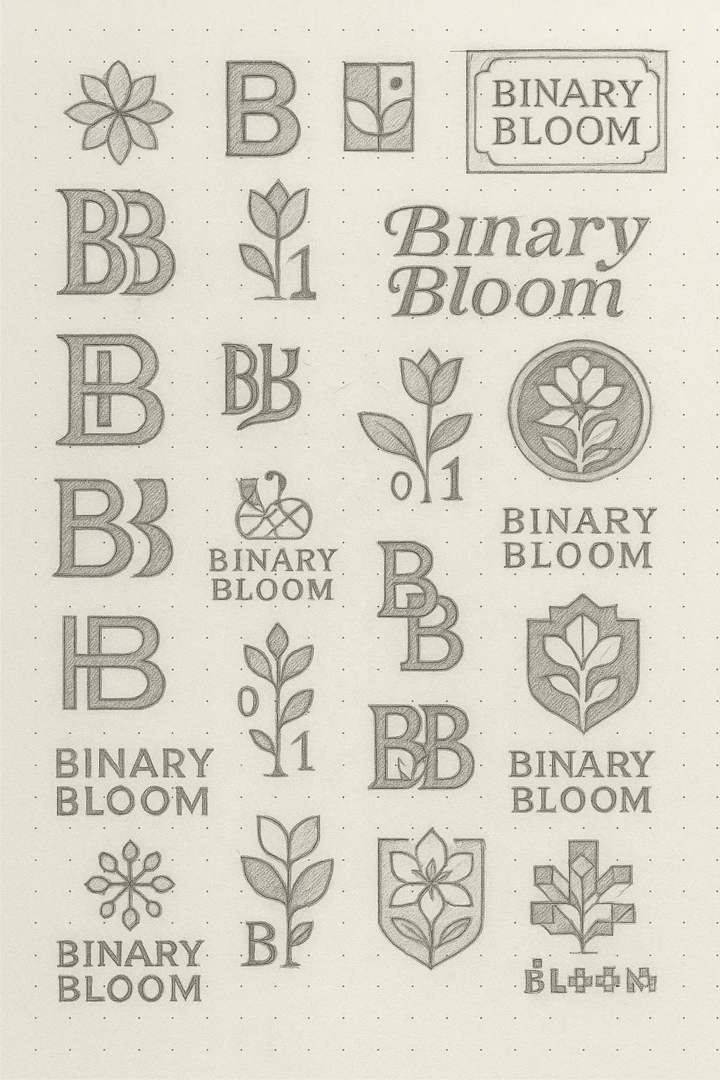 Example output from the Expert Logo Concept Sketch Pages ChatGPT prompt: logo design sketches on dotted paper, featuring varied hand-drawn marks, visual metaphors, and branding experiments ideal for concept presentations. Binary Bloom.