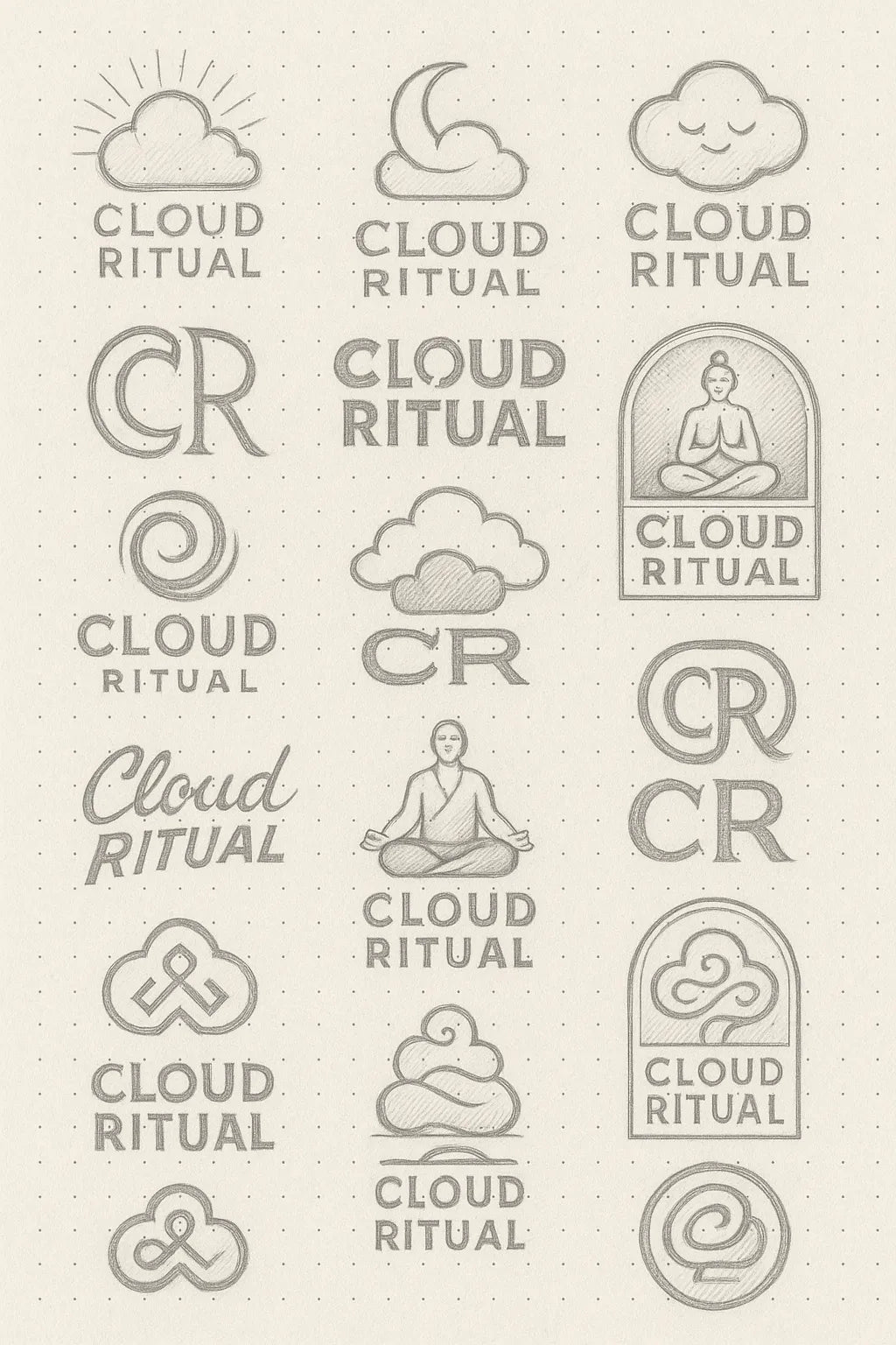 Example output from the Expert Logo Concept Sketch Pages ChatGPT prompt: logo design sketches on dotted paper, featuring varied hand-drawn marks, visual metaphors, and branding experiments ideal for concept presentations. Cloud Ritual.