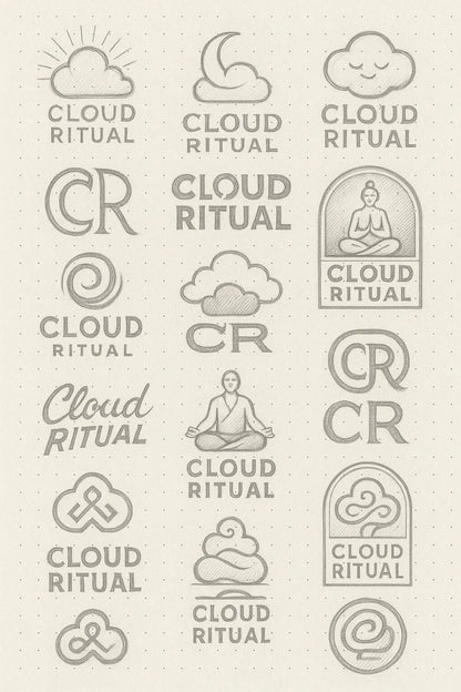 Example output from the Expert Logo Concept Sketch Pages ChatGPT prompt: logo design sketches on dotted paper, featuring varied hand-drawn marks, visual metaphors, and branding experiments ideal for concept presentations. Cloud Ritual.