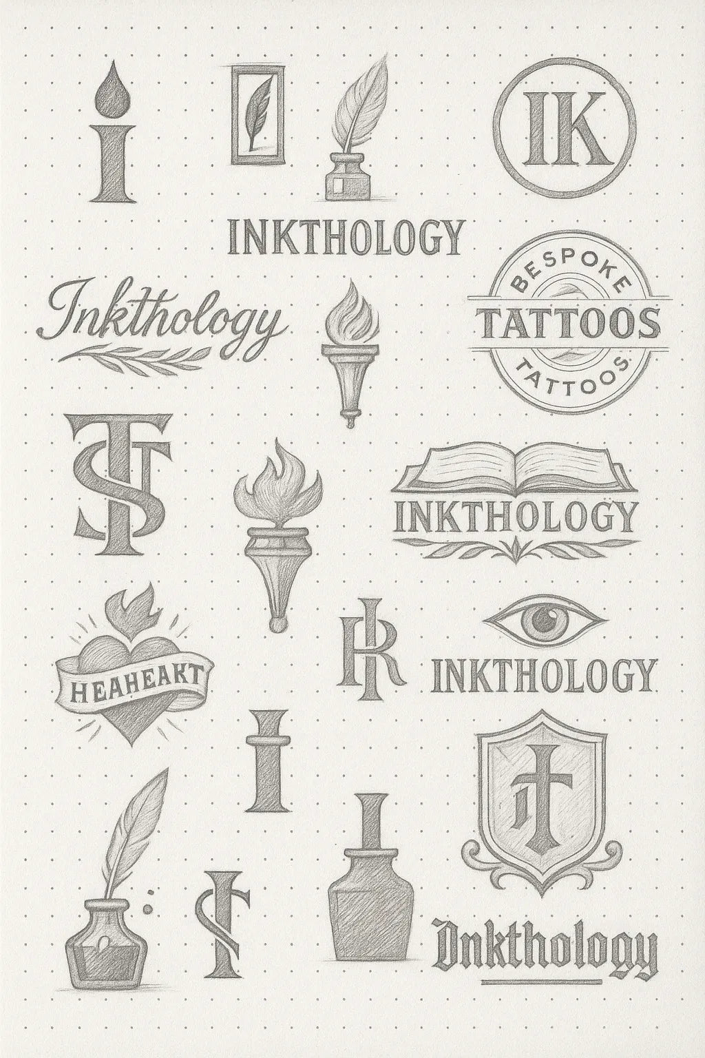 Example output from the Expert Logo Concept Sketch Pages ChatGPT prompt: logo design sketches on dotted paper, featuring varied hand-drawn marks, visual metaphors, and branding experiments ideal for concept presentations. Inkthology.