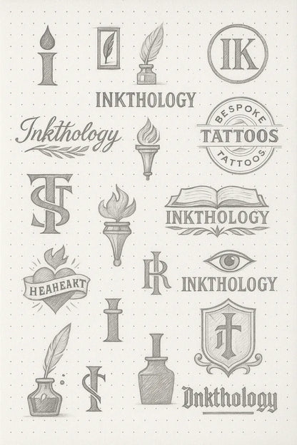 Example output from the Expert Logo Concept Sketch Pages ChatGPT prompt: logo design sketches on dotted paper, featuring varied hand-drawn marks, visual metaphors, and branding experiments ideal for concept presentations. Inkthology.