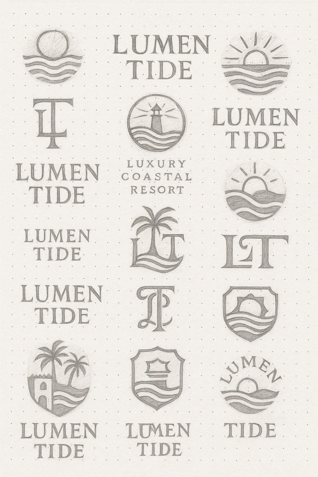 Example output from the Expert Logo Concept Sketch Pages ChatGPT prompt: logo design sketches on dotted paper, featuring varied hand-drawn marks, visual metaphors, and branding experiments ideal for concept presentations. Lumen Tide.