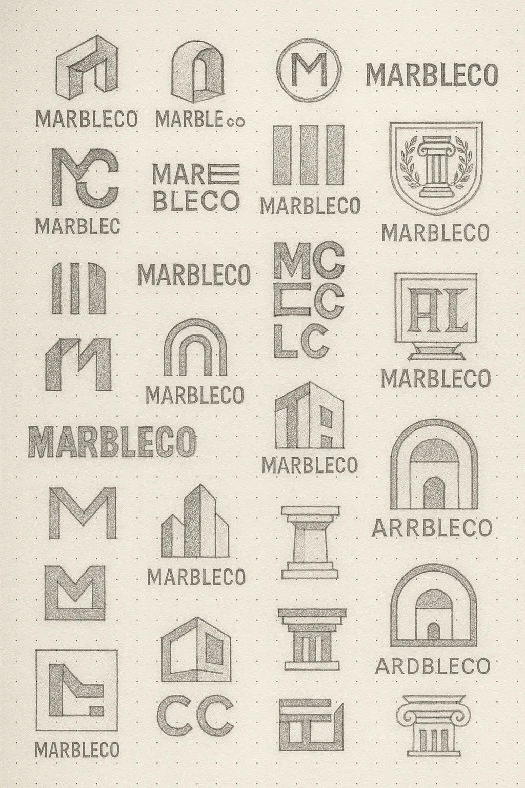 Example output from the Expert Logo Concept Sketch Pages ChatGPT prompt: logo design sketches on dotted paper, featuring varied hand-drawn marks, visual metaphors, and branding experiments ideal for concept presentations. Marbleco.