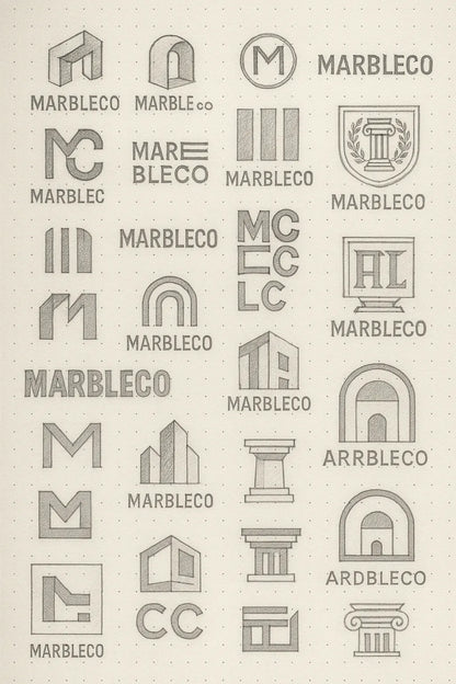Example output from the Expert Logo Concept Sketch Pages ChatGPT prompt: logo design sketches on dotted paper, featuring varied hand-drawn marks, visual metaphors, and branding experiments ideal for concept presentations. Marbleco.