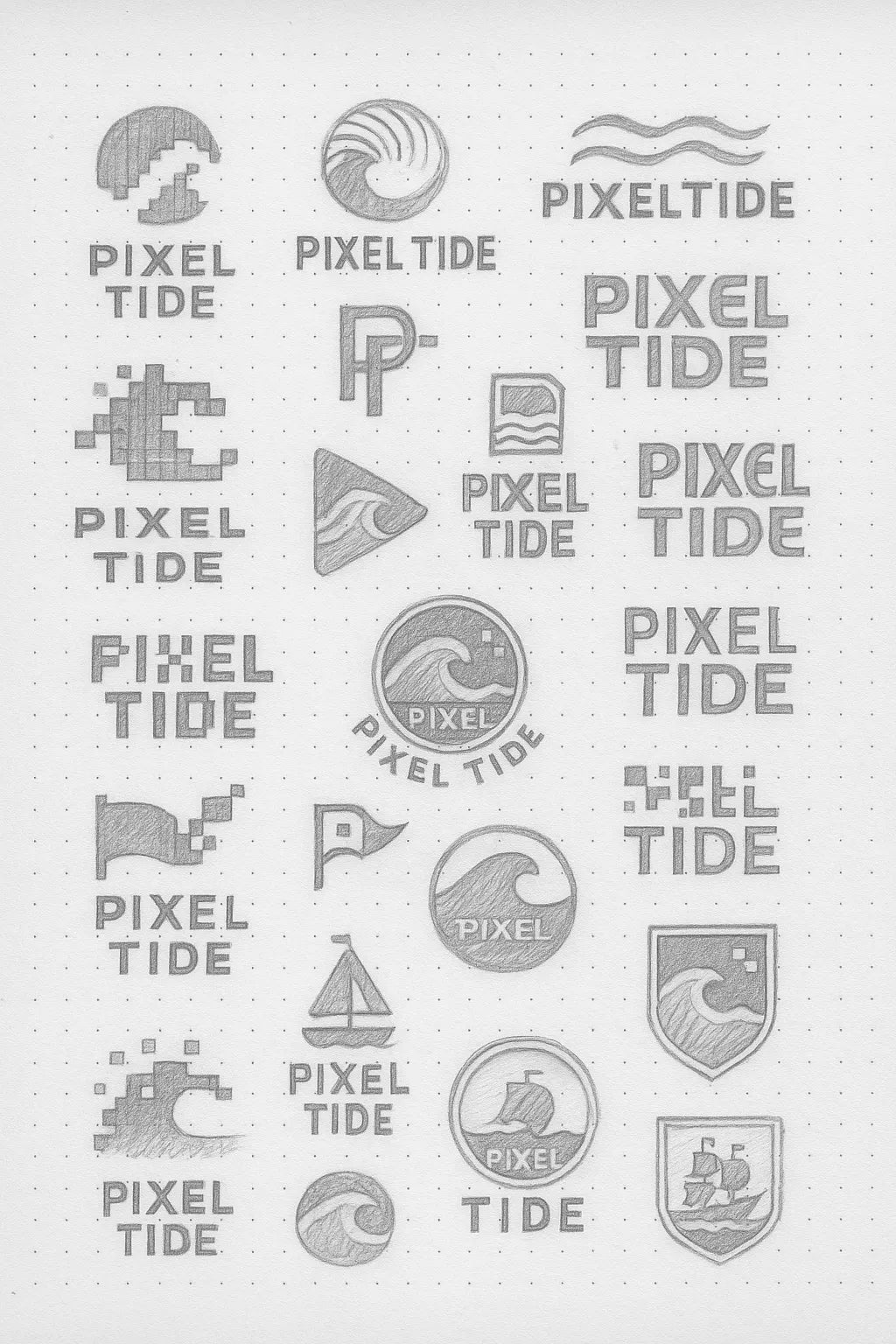 Example output from the Expert Logo Concept Sketch Pages ChatGPT prompt: logo design sketches on dotted paper, featuring varied hand-drawn marks, visual metaphors, and branding experiments ideal for concept presentations. Pixel Tide.