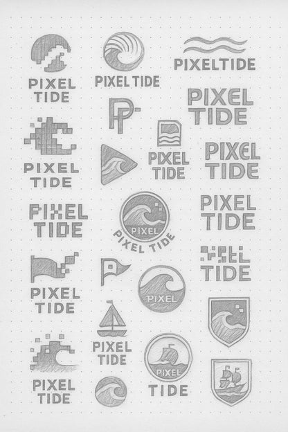 Example output from the Expert Logo Concept Sketch Pages ChatGPT prompt: logo design sketches on dotted paper, featuring varied hand-drawn marks, visual metaphors, and branding experiments ideal for concept presentations. Pixel Tide.
