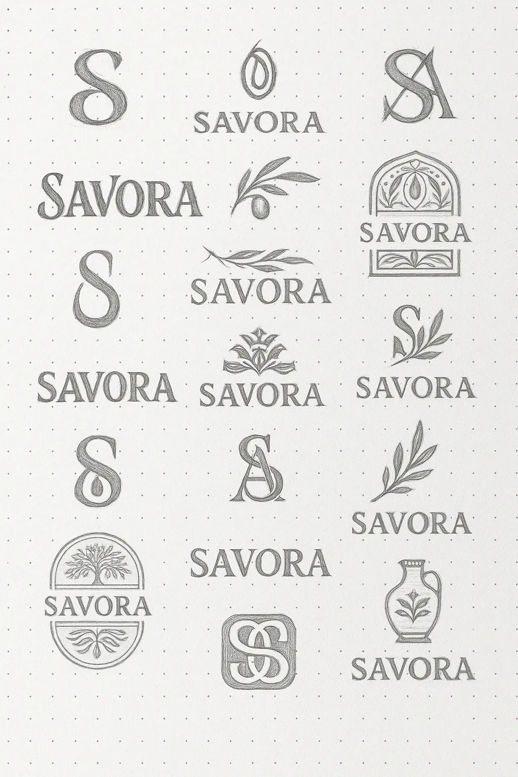 Example output from the Expert Logo Concept Sketch Pages ChatGPT prompt: logo design sketches on dotted paper, featuring varied hand-drawn marks, visual metaphors, and branding experiments ideal for concept presentations. Savora.