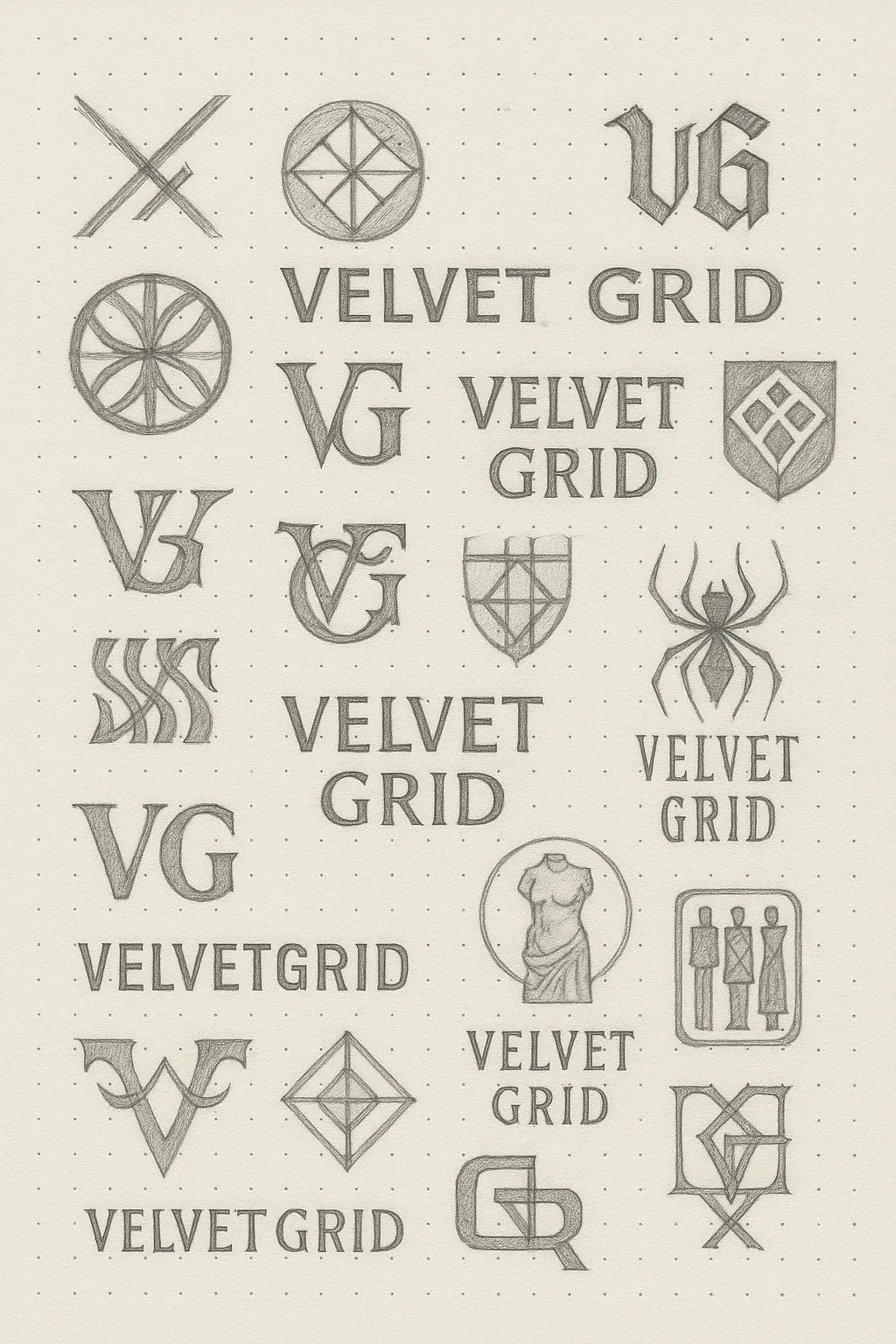 Example output from the Expert Logo Concept Sketch Pages ChatGPT prompt: logo design sketches on dotted paper, featuring varied hand-drawn marks, visual metaphors, and branding experiments ideal for concept presentations. Velvet Grid.