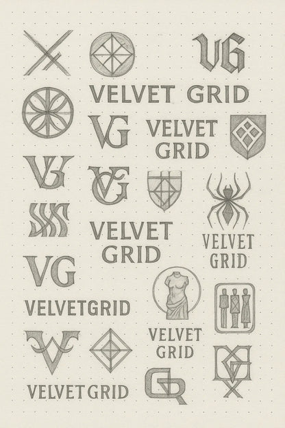 Example output from the Expert Logo Concept Sketch Pages ChatGPT prompt: logo design sketches on dotted paper, featuring varied hand-drawn marks, visual metaphors, and branding experiments ideal for concept presentations. Velvet Grid.