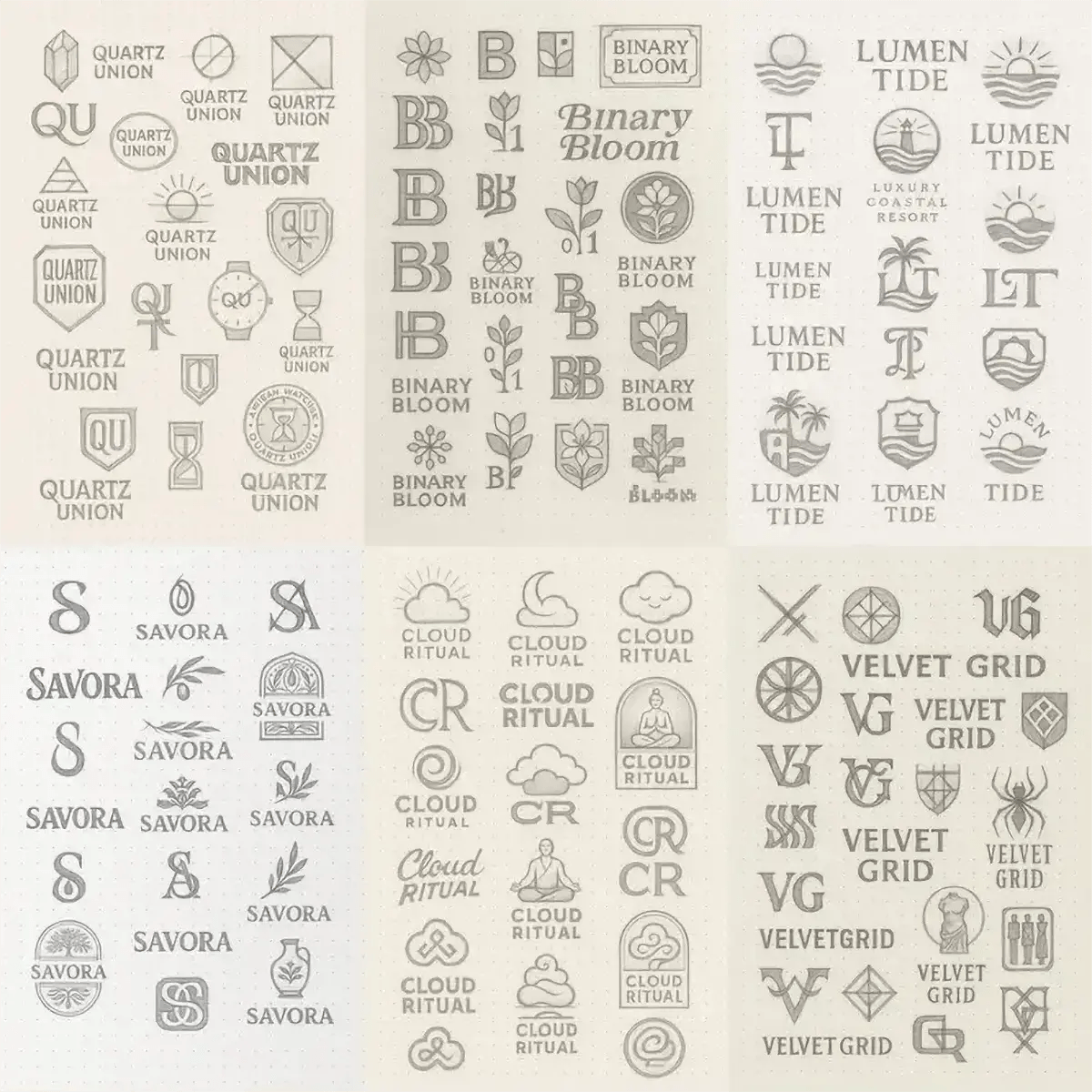 Example output from the Expert Logo Concept Sketch Pages ChatGPT prompt: logo design sketches on dotted paper, featuring varied hand-drawn marks, visual metaphors, and branding experiments ideal for concept presentations.