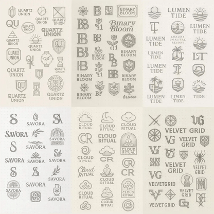 Example output from the Expert Logo Concept Sketch Pages ChatGPT prompt: logo design sketches on dotted paper, featuring varied hand-drawn marks, visual metaphors, and branding experiments ideal for concept presentations.