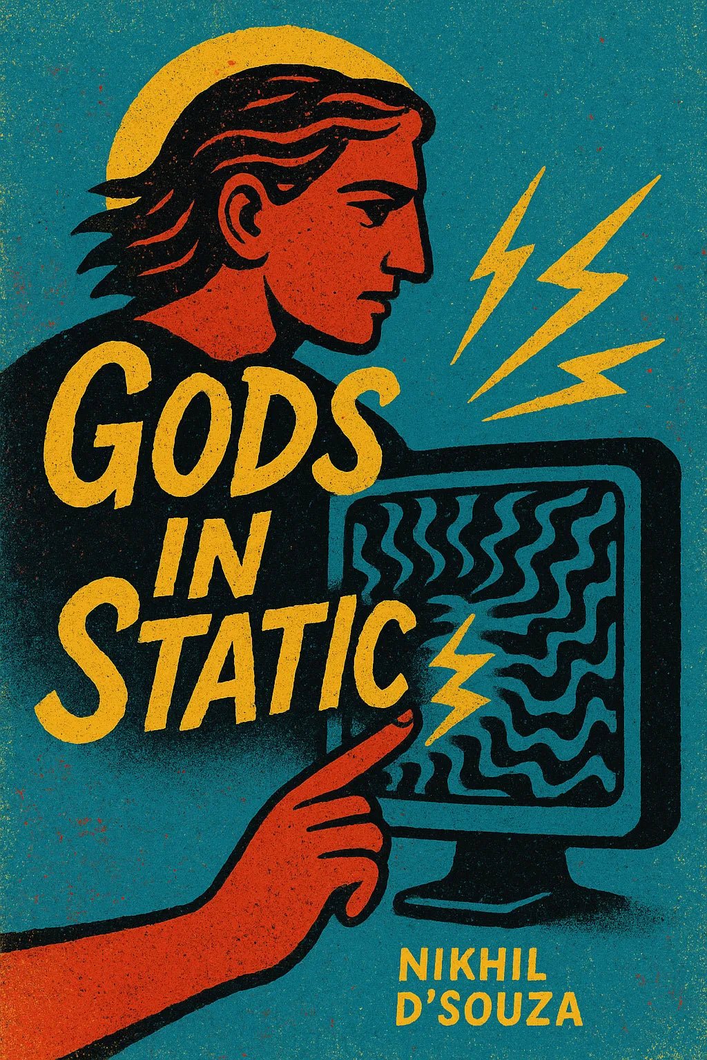Example output from the Expressive Illustrated Book Covers ChatGPT prompt: bold, symbolic book cover illustration, Gods in Static.