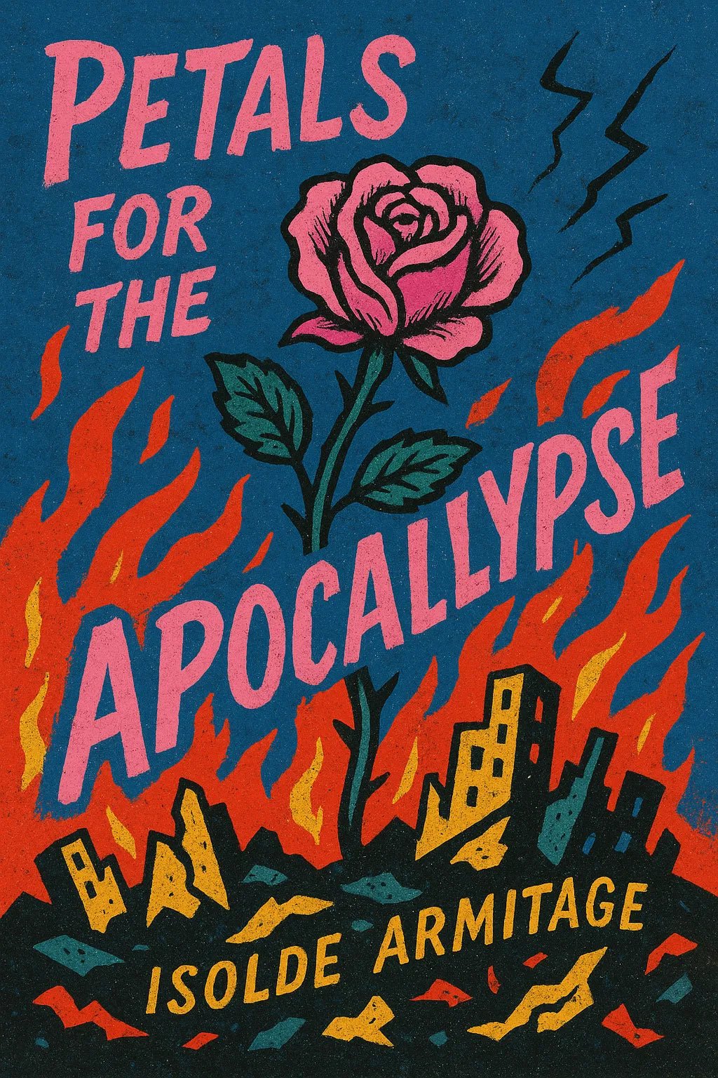 Example output from the Expressive Illustrated Book Covers ChatGPT prompt: bold, symbolic book cover illustration, Petals for the Apocallypse.