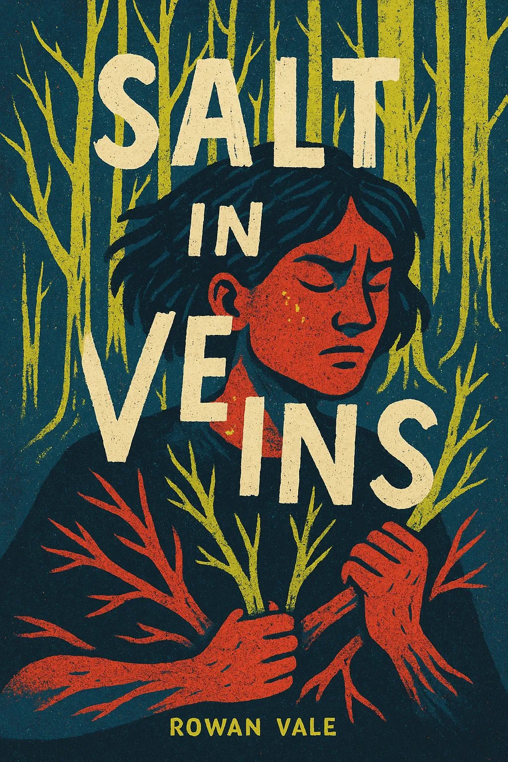 Example output from the Expressive Illustrated Book Covers ChatGPT prompt: bold, symbolic book cover illustration, Salt in Veins.