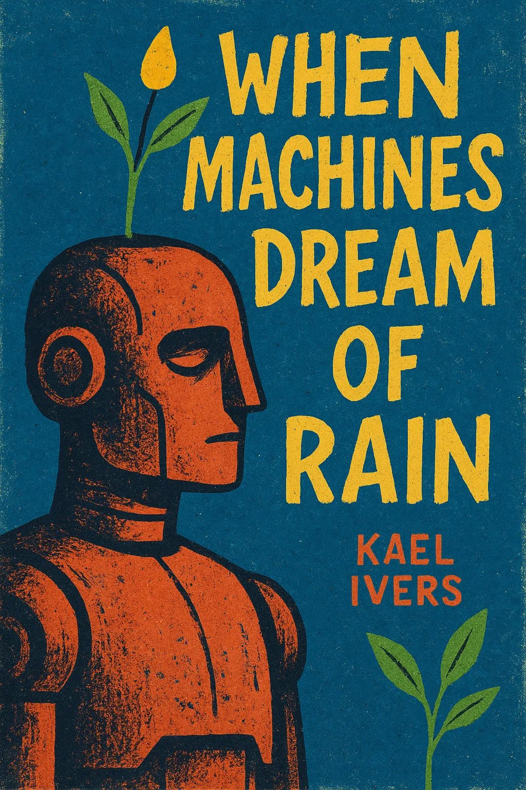 Example output from the Expressive Illustrated Book Covers ChatGPT prompt: bold, symbolic book cover illustration, When Machines Dream of Rain.