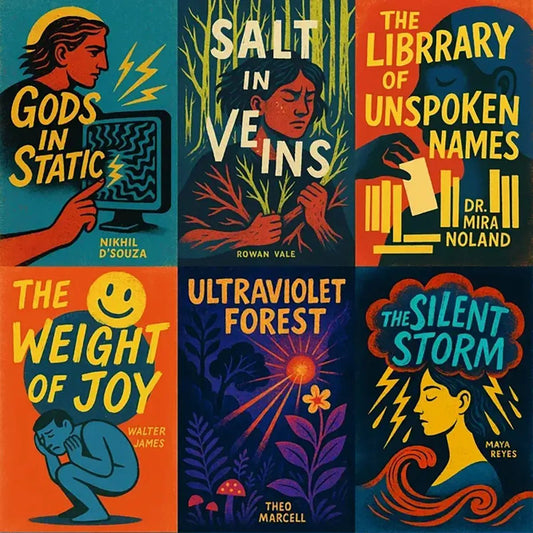 Example output from the Expressive Illustrated Book Covers ChatGPT prompt: bold, symbolic book cover illustrations with interlinked typography, triadic colors, and expressive hand-drawn texture.