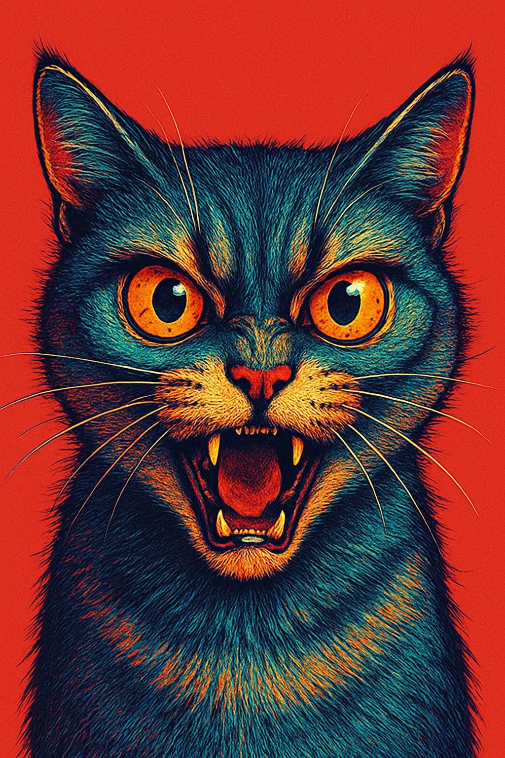 Example output from the Expressive Pop Art Animal Portraits ChatGPT prompt: surreal close-ups of expressive animals in pop art style. Cat.