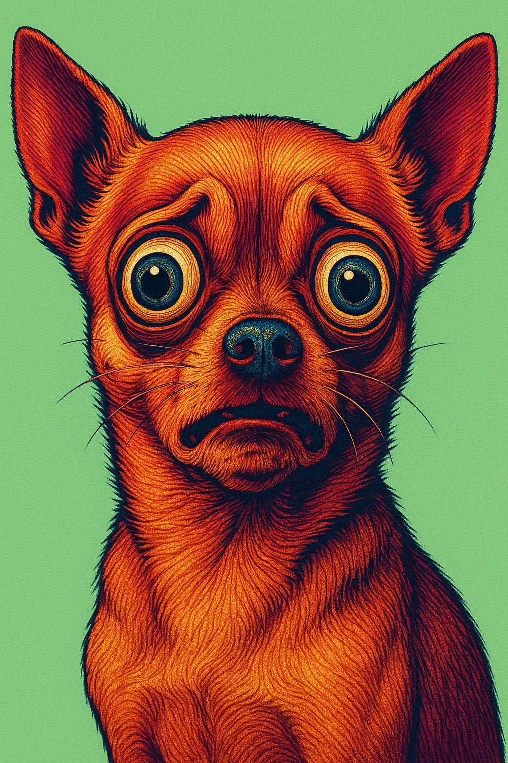 Example output from the Expressive Pop Art Animal Portraits ChatGPT prompt: surreal close-ups of expressive animals in pop art style. Dog.
