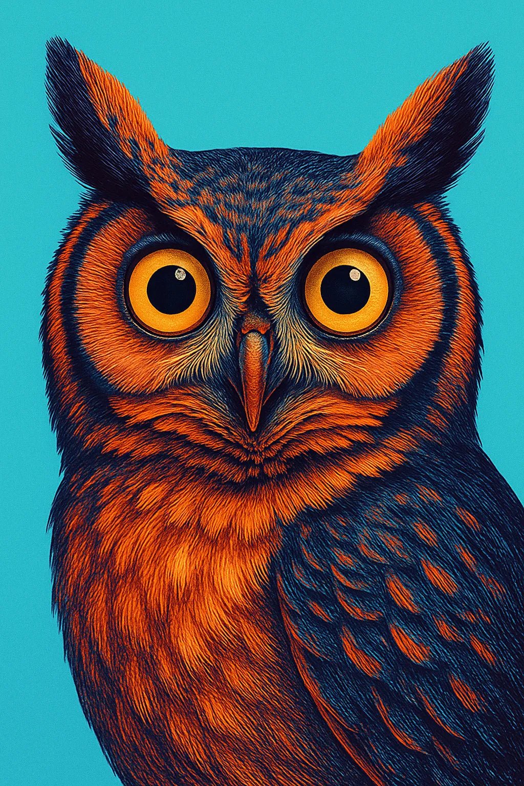 Example output from the Expressive Pop Art Animal Portraits ChatGPT prompt: surreal close-ups of expressive animals in pop art style. Owl.
