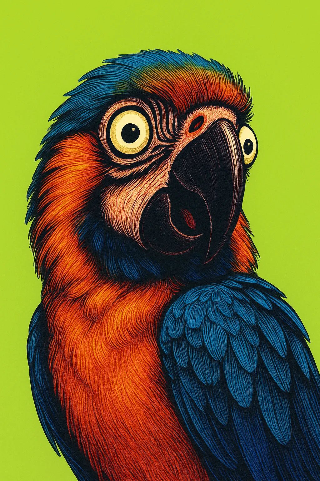 Example output from the Expressive Pop Art Animal Portraits ChatGPT prompt: surreal close-ups of expressive animals in pop art style. Parrot.