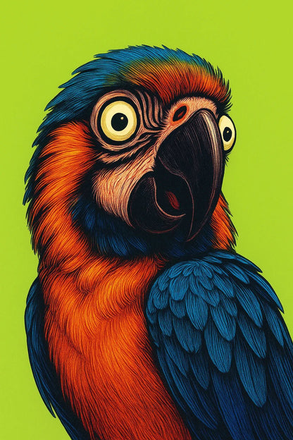 Example output from the Expressive Pop Art Animal Portraits ChatGPT prompt: surreal close-ups of expressive animals in pop art style. Parrot.