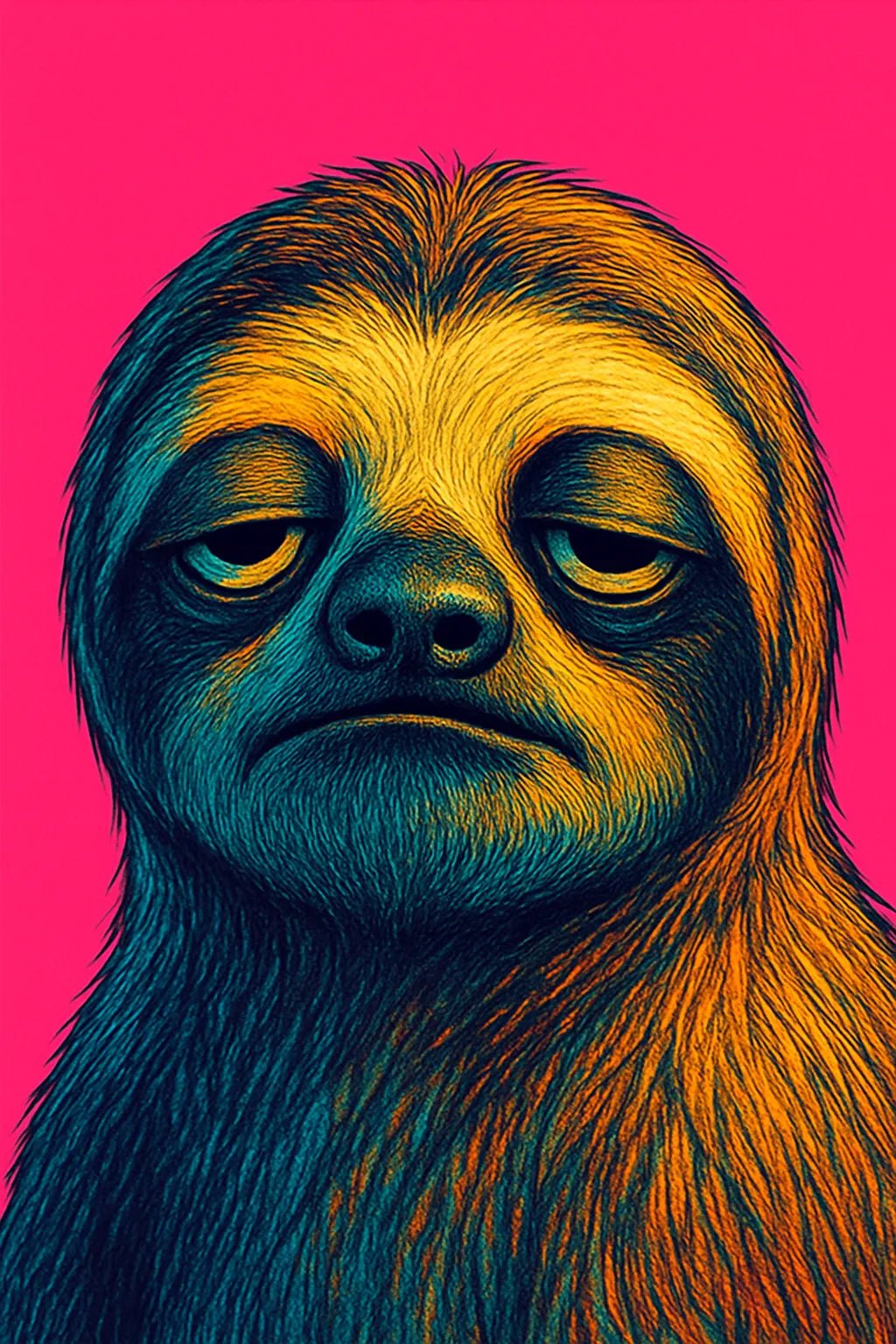 Example output from the Expressive Pop Art Animal Portraits ChatGPT prompt: surreal close-ups of expressive animals in pop art style. Sloth.