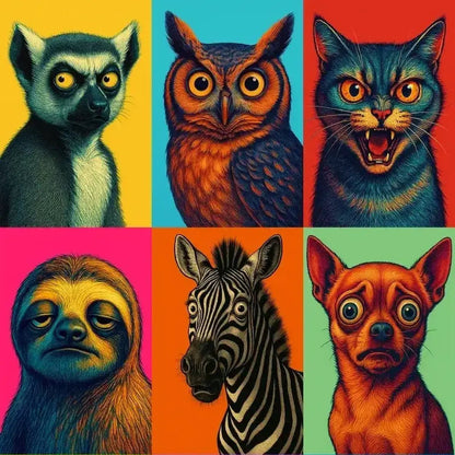 Example output from the Expressive Pop Art Animal Portraits ChatGPT prompt: surreal close-ups of expressive animals in pop art style, featuring bold colors, intense facial expressions, and crisp solid backgrounds for merch and prints.