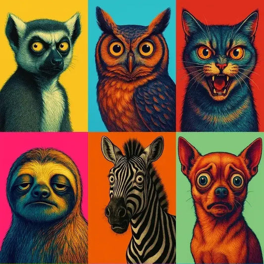 Example output from the Expressive Pop Art Animal Portraits ChatGPT prompt: surreal close-ups of expressive animals in pop art style, featuring bold colors, intense facial expressions, and crisp solid backgrounds for merch and prints.