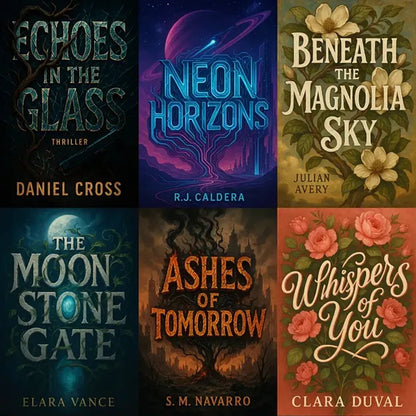 Example output from the Expressive Typography Book Cover ChatGPT prompt: high-resolution book covers with integrated expressive typography, mood-driven scenes, subtle author placement, and designs adaptable across thriller, sci-fi, romance, and fantasy genres.