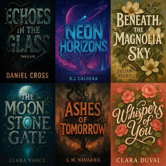 Example output from the Expressive Typography Book Cover ChatGPT prompt: high-resolution book covers with integrated expressive typography, mood-driven scenes, subtle author placement, and designs adaptable across thriller, sci-fi, romance, and fantasy genres.