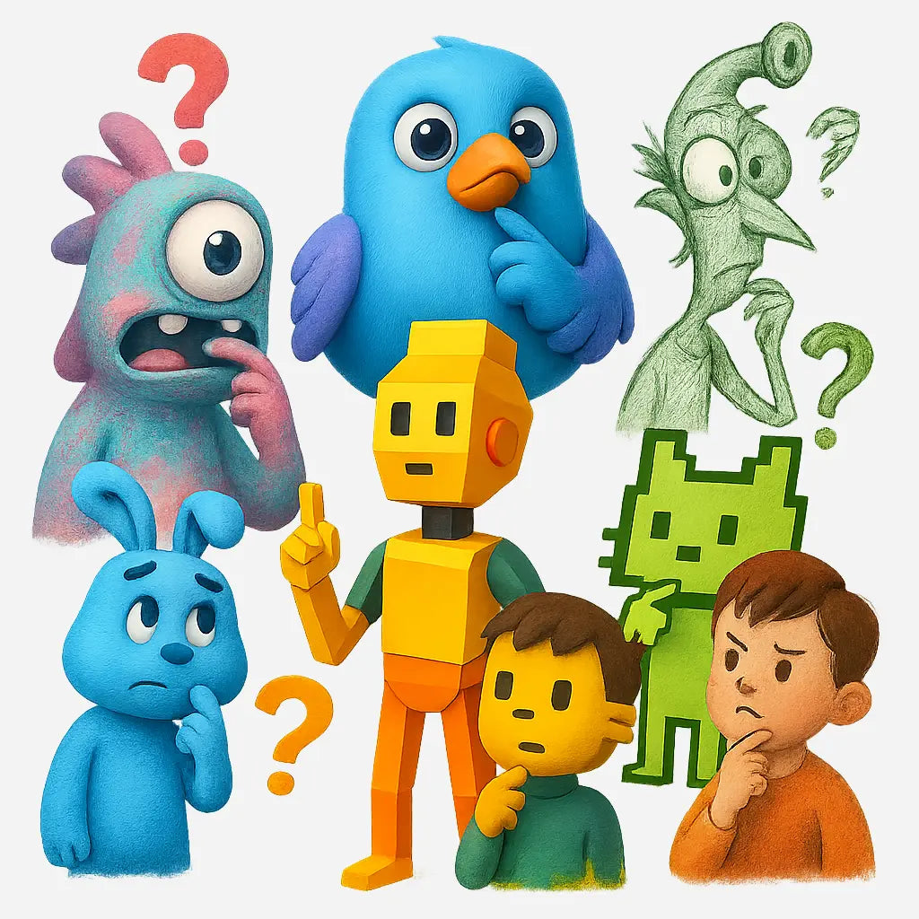 Mixed group of cartoon characters in thoughtful poses, including a robot, blue bird, and monster — used to illustrate FAQ curiosity or questions.