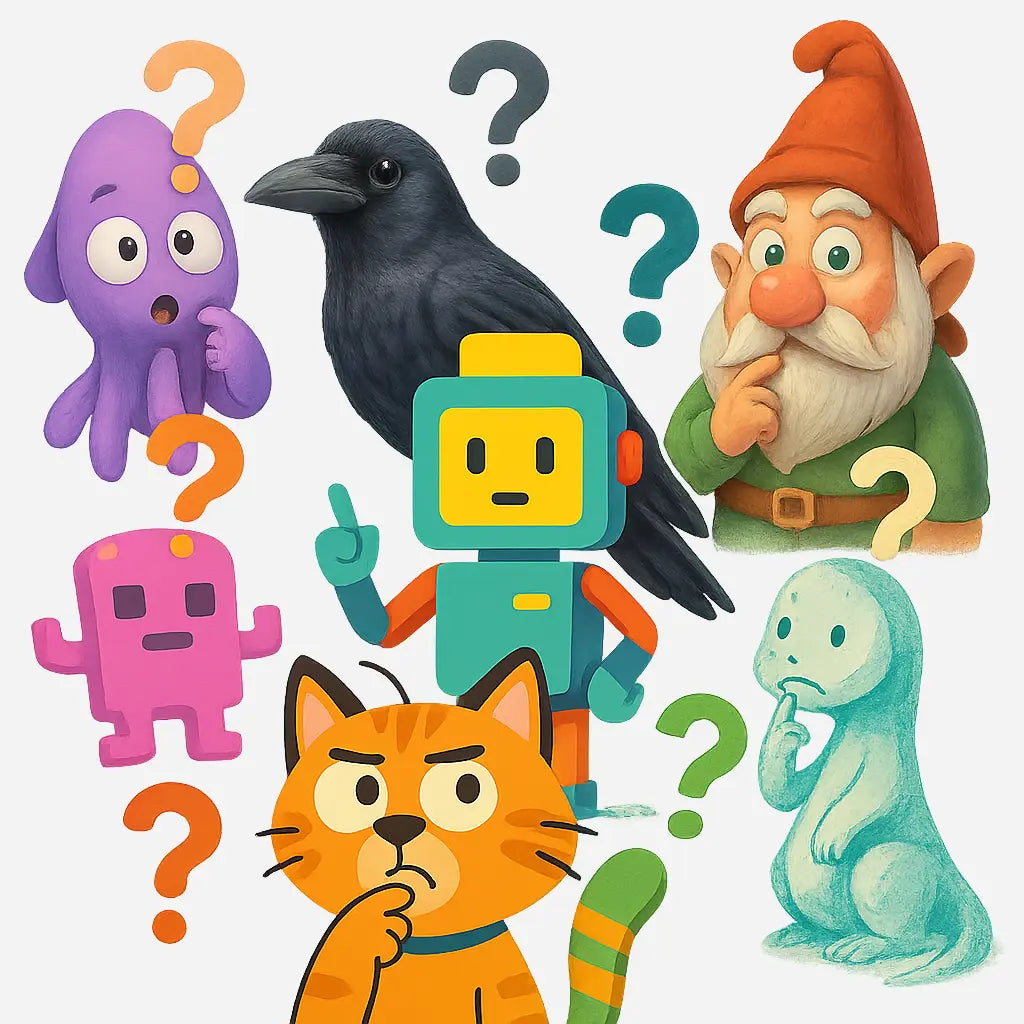 Group of fantasy and animal characters, including a robot, gnome, cat, raven, and octopus, all in curious or thoughtful poses with colorful question marks.
