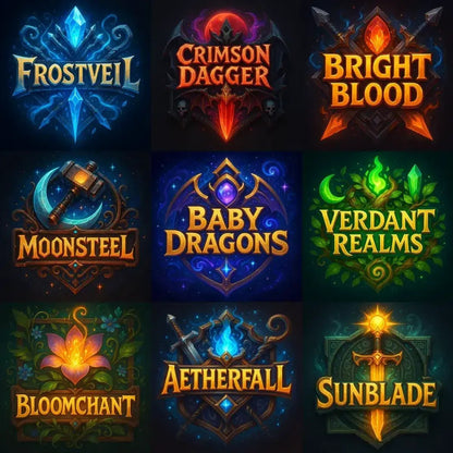 Example output from the Fantasy Game Title Logos ChatGPT prompt: glowing fantasy game titles with 3D effects, featuring rich emblems, genre-styled iconography, dramatic lighting, and title screen-ready compositions.