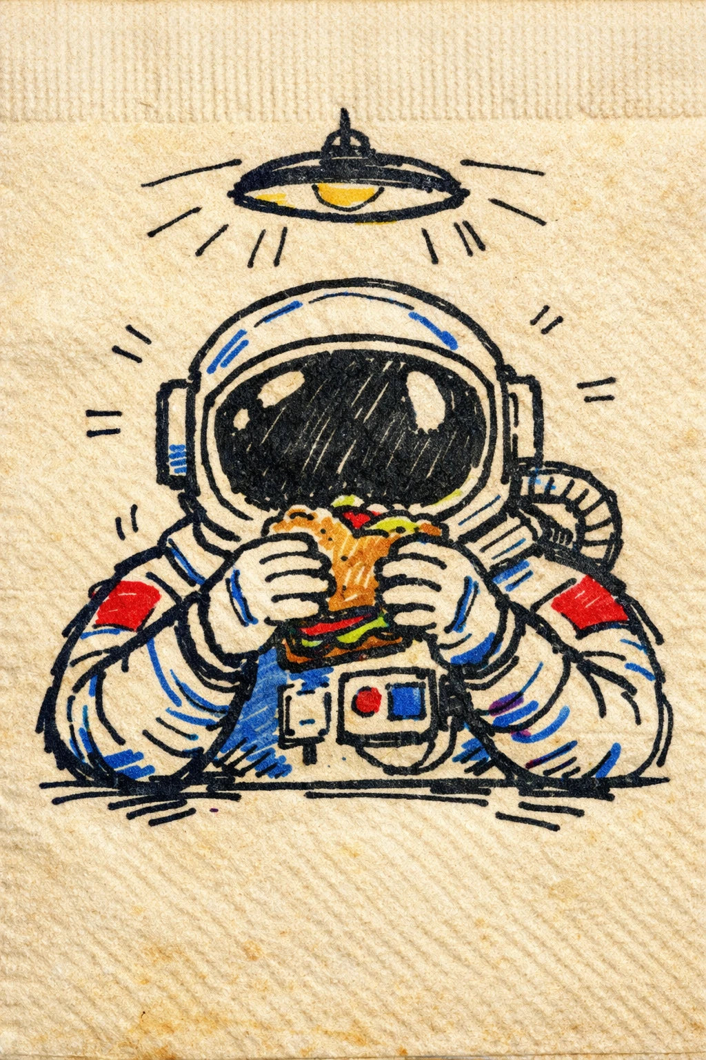 Example output from the Felt-tip Character Napkin Doodles ChatGPT prompt: a felt-tip napkin doodle of an astronaut eating a burger under a hanging lamp, drawn in bold marker outlines on textured napkin paper.